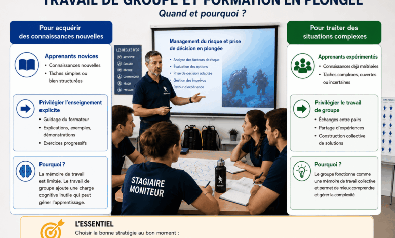 Dans les formations de cadres et de moniteurs de plongée, le travail de groupe est devenu une pratique courante. Les stagiaires sont régulièrement invités à analyser des situations pédagogiques, préparer des cours, construire des séances d'enseignement ou réfléchir à des problématiques de sécurité en petits groupes.